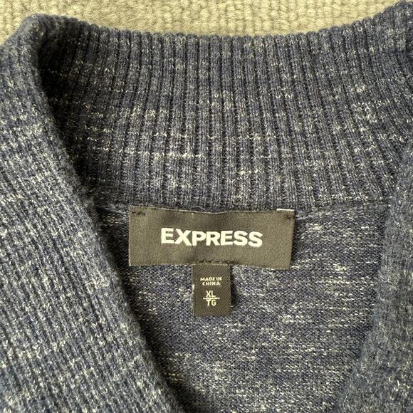 Express Sweater Mens XL Blue Shawl Collar Cotton Pullover Casual Knit Grandpa - Picture 3 of 7
